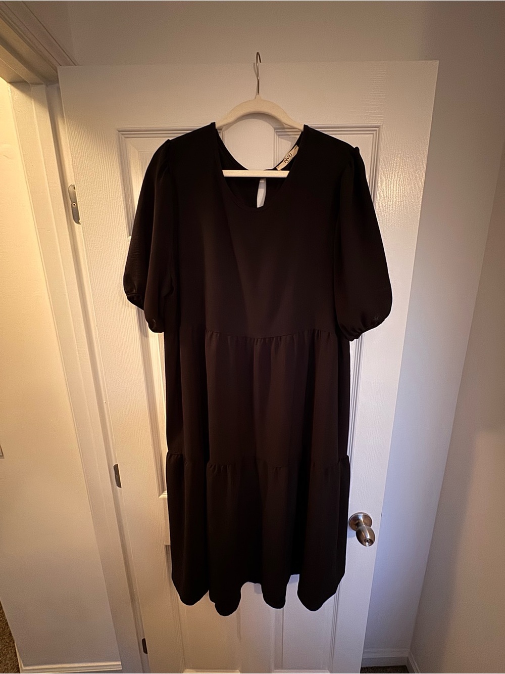 Black Puff Sleeve Midi Dress with Tiered Skirt